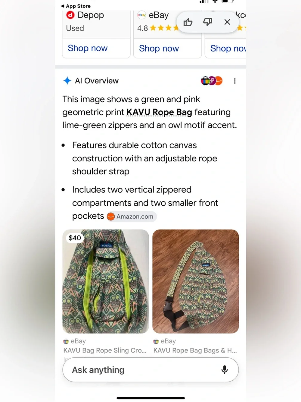 print KAVU Rope Bag featuring lime-green zippers and an owl motif accent.